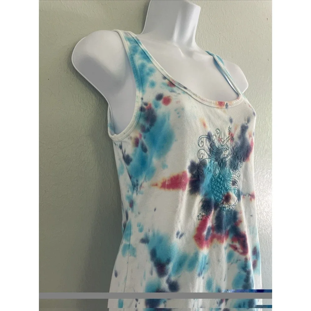 Vintage Y2K Tie Die Embroidered Mermaid Tank Long Lean Fitted Stretch Whimsy L